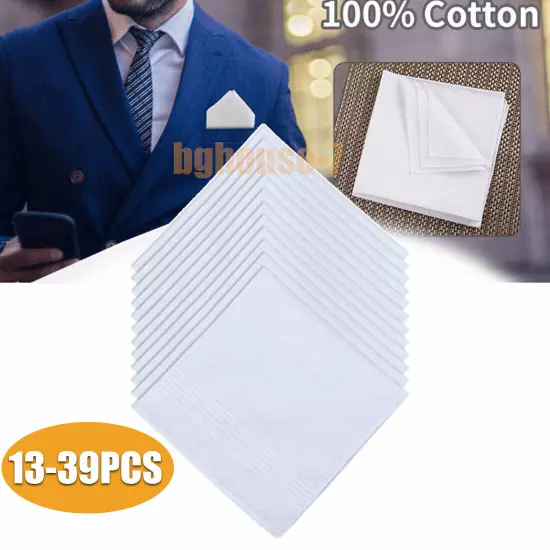 13~39PCS Cotton Men Handkerchiefs Solid Square Pocket Classic Hankies Bulk White