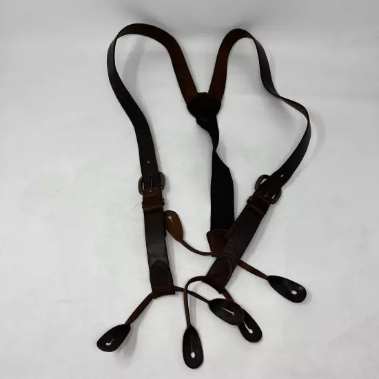 Vintage Eddie Bauer Brown Leather Button-On Suspenders Buckle Made In USA