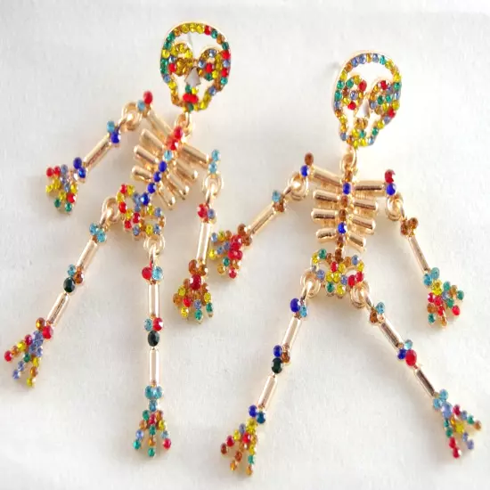 NEW BETSEY JOHNSON MULTICOLOR RHINESTONE SKELETON HALLOWEEN DROP DANGLE EARRINGS