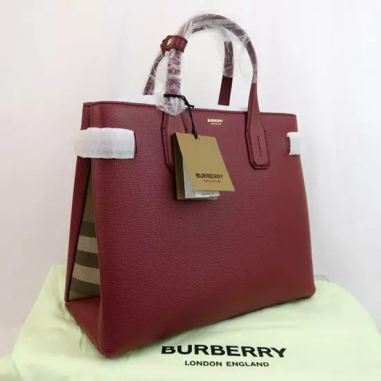 $1790 BURBERRY MD BANNER CRIMSON LEATHER CHECK CANVAS SHOULDER MEDIUM TOTE BAG