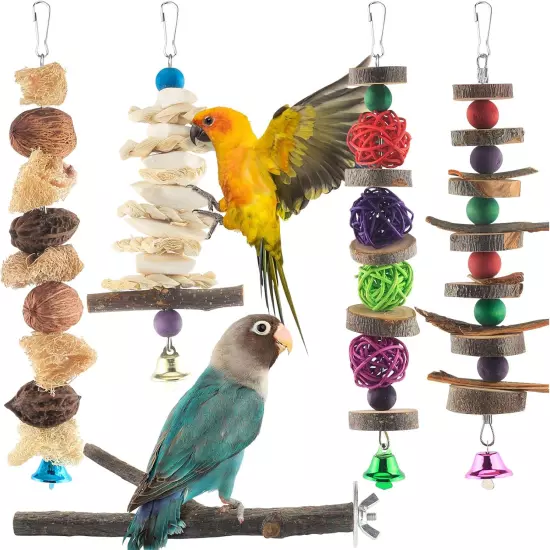 Natural Wood Bird Chew Toys - 5 Pack Hanging Perch for Small Birds