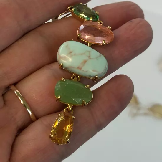 Faux Turquoise and Gem Stone Drop Dangle Gold Tone Earrings Pink Green Amber