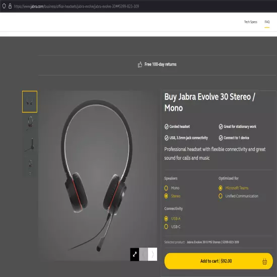 Jabra Evolve 30 II Stereo MS USB PC Headset