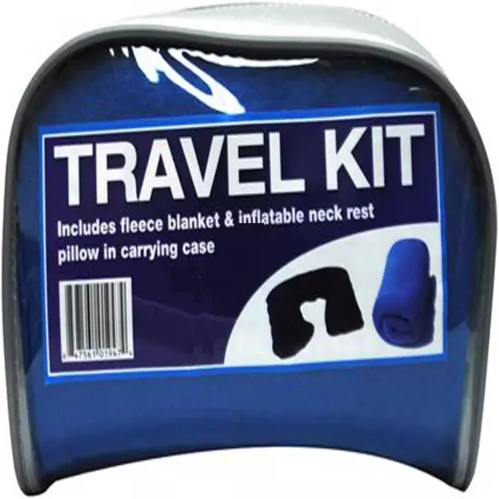 Airplane Travel Kit: Inflatable Neck Pillow & Fleece Blanket, Zippered Case 11z