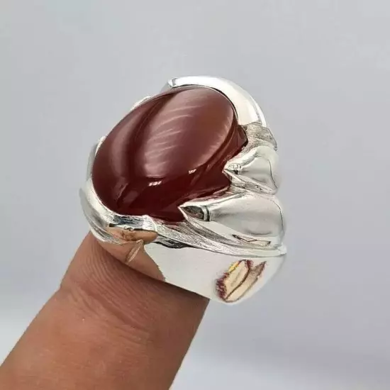 Yemeni Akik Ring - Mens Aqeeq Carnelian Agate Silver Bague