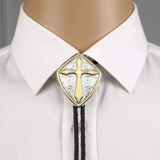 Vintage Bolo Tie Western Cowboy Romen Shield Cross Pattrn Mens Necklace PU Rope