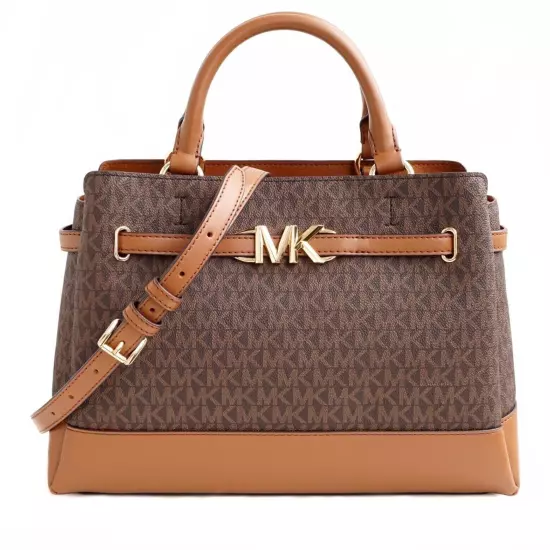 Michael Kors Reed Large Belted Satchel Bag Purse Brown MK Signature