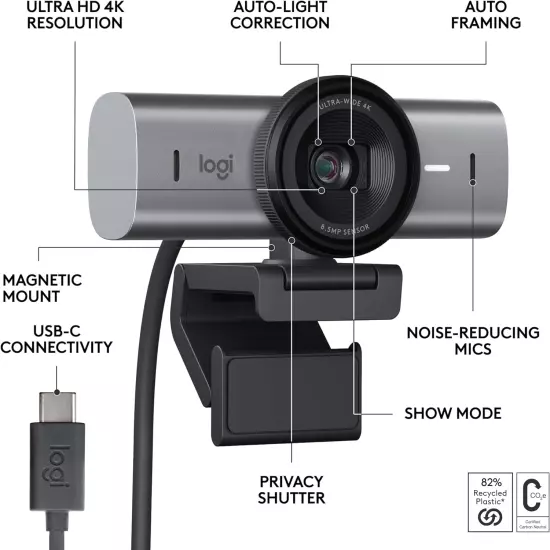 Logitech MX Brio Ultra HD 4K Collaboration and Streaming Webcam, 1080P at 60 FPS