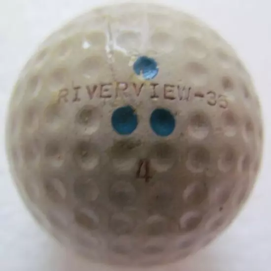 VINTAGE DIMPLE GOLF BALL-THE RIVERVIEW COUNTRY CLUB-35 W/3 BLUE DOTS EACH SIDE