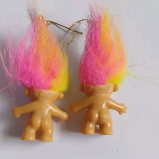 Russ Troll Doll Rainbow Hair Good Luck Dangle Earrings Vintage