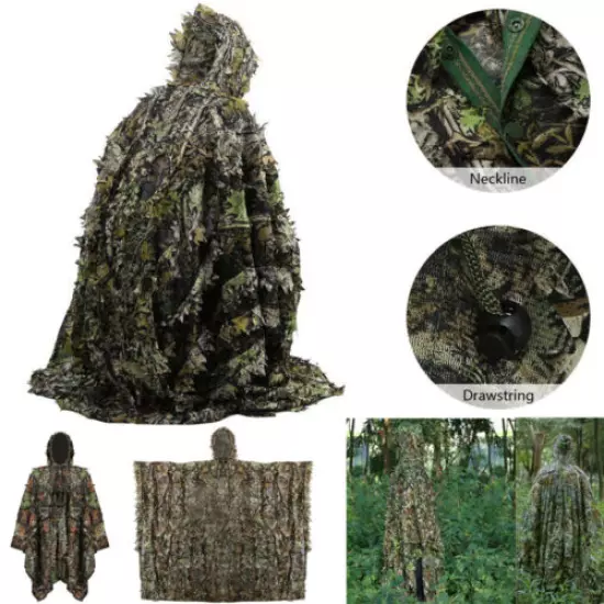 3D Leave Camo Poncho Cloak Stealth Ghillie Suit Outdoor Woodland Sniper Clothing