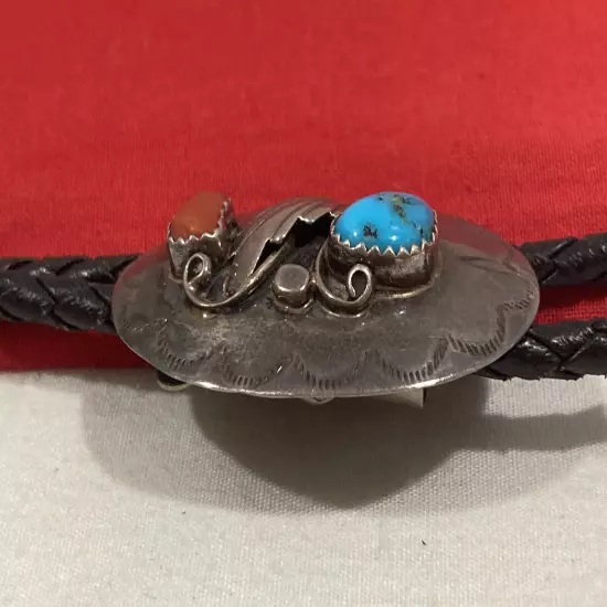 Vintage Sterling Silver 925 Bolo Tie With Turquoise & Coral Western Southwestern