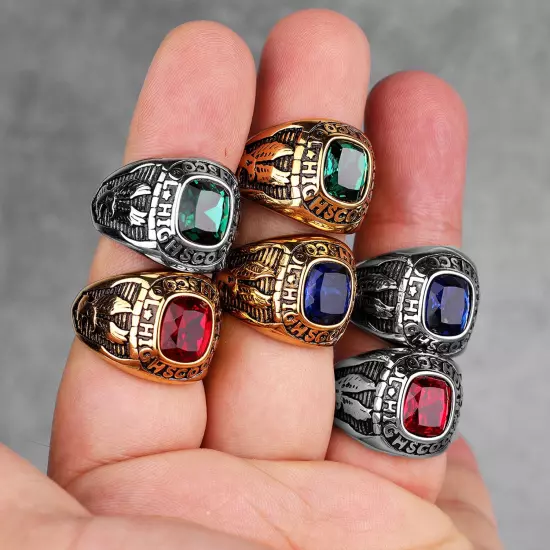 Stainless Steel Men Rings Rhinestone High School Eagle Punk Red Blue Green Stone