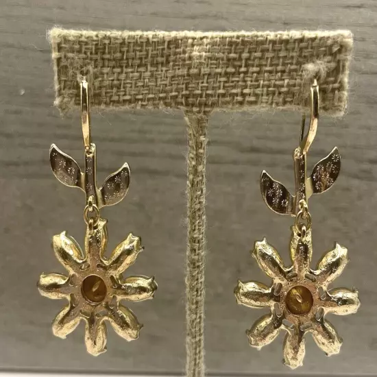 Betsey Johnson Daisy Flower with Green Leaves & Clear Crystal Earrings