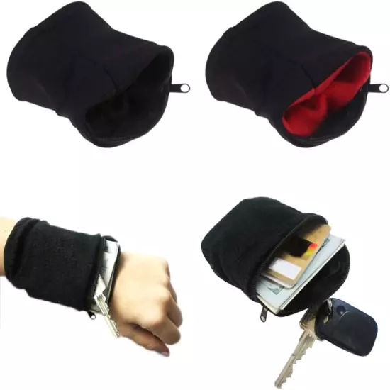 Pouch Fleece Wrist Wallet with Zipper for Travel Gym Sport Wristband, Black