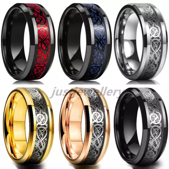 11 Colors Real Stainless Steel Man Silver Gold Black Celtic Dragon 8mm Band Ring