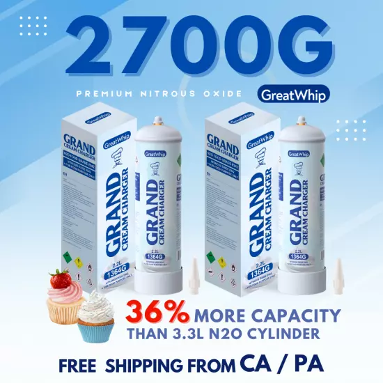 Whipped Cream Charger 2.2L X 2 Tank 1364g GreatWhip Cannister Ultra Pure Grand