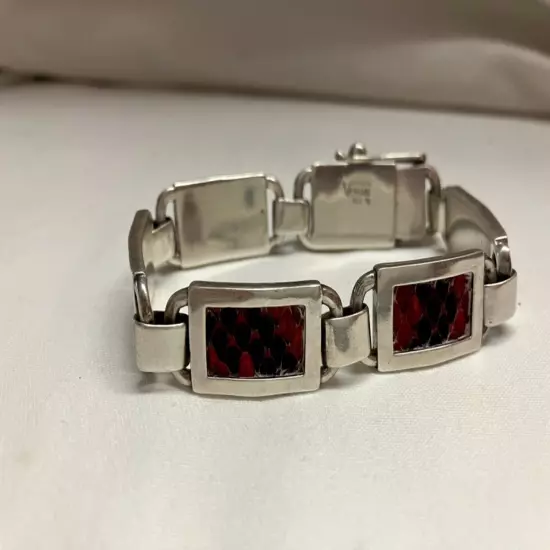 Vintage Versani Sterling Silver Link Men’s Bracelet With Red Snake Skin Inlay