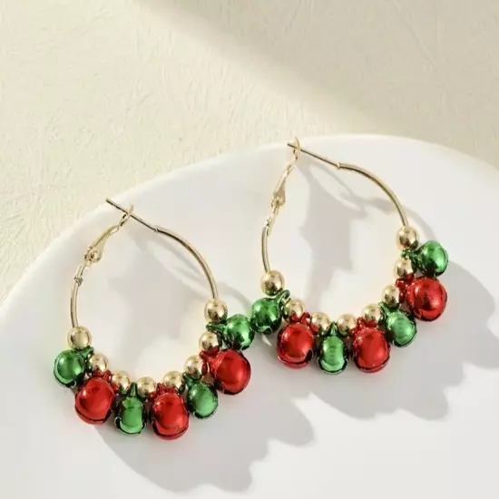 Christmas Bell Green~Red Gold Tone Hoop Earrings Pierced Women Girls Jewelry New