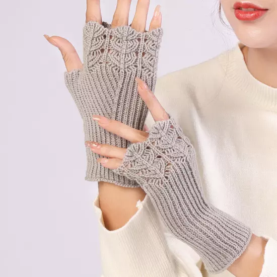 Womens Fingerless Gloves Wool Knitted Mittens Wrist Half Finger Short Gloves