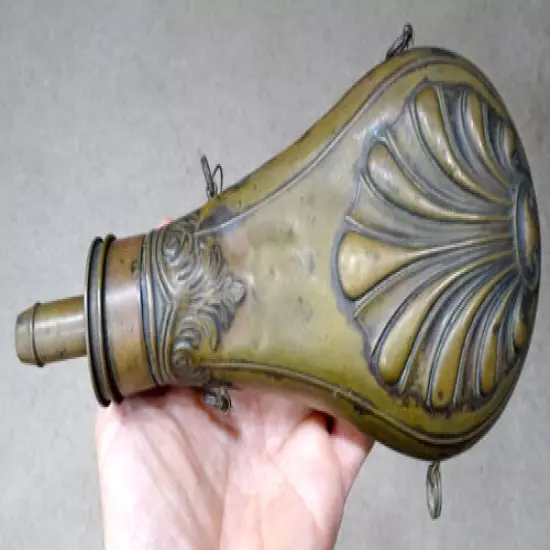 ANTIQUE American Cap CIVIL WAR Era HUNTING Brass Copper BLACK POWDER FLASK Horn