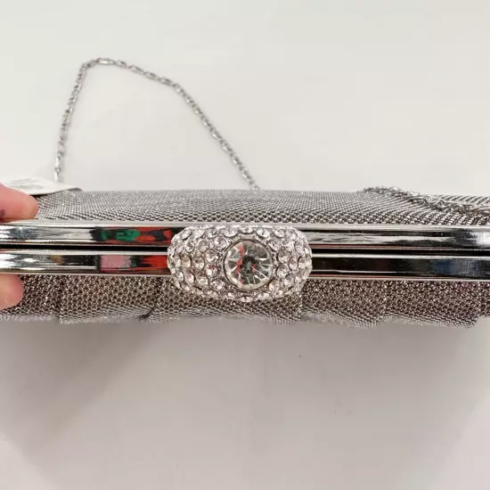 Jessica McClintock Sparkle Ring Clutch Chain Bow Evening Purse Champagne Silver