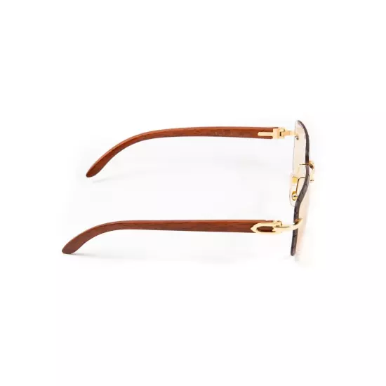 Men's Tan Tint Rimless Gold Frame Woodgrain Gem Cut Hip Hop Sunglasses