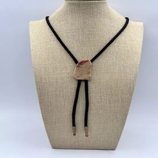 Bolo Tie Polished Jasper Stone On Nylon Cotton Cord With Gold Tone Aiguillettes