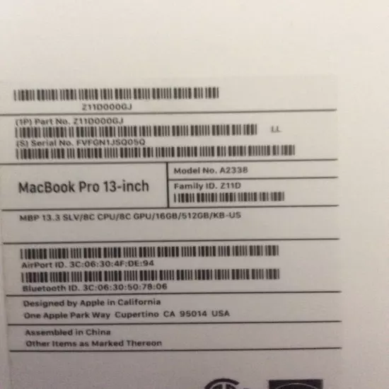 MacBook Pro 13-Inch Model No. A2338 (Empty Box Only)