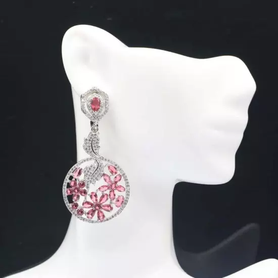 High Trendy Pink Raspberry Rododlite Garnet CZ Gift Silver Earrings 