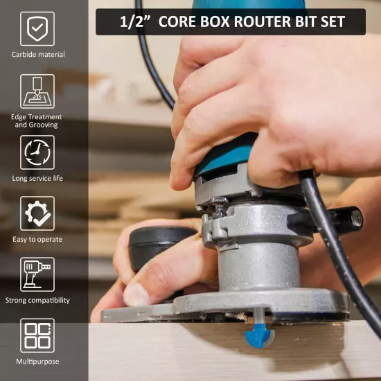 3Pcs 1/2inch Shank Core Box Router Bit Set Diameter 3/4inch 1-1/4inch beLSB