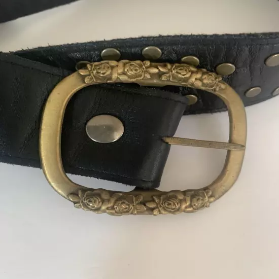 Leather/Fabric Studded Women’s Black Belt Gold Floral Buckle Size 30