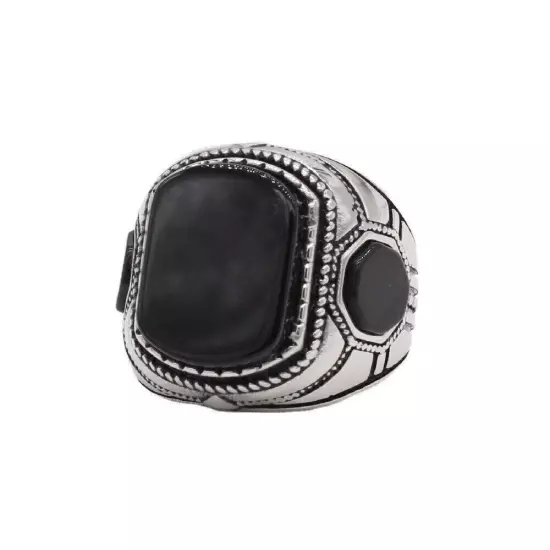 Vintage Black Agate Signet Wedding Ring Stainless Steel Men's Powerful Punk Ring