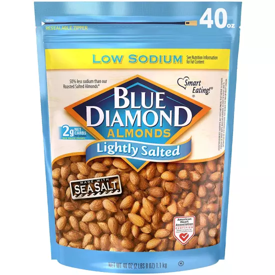 BLUE DIAMOND ALMONDS: Low Sodium Lightly Salted Snack Nuts, Resealable Bag, 40oz