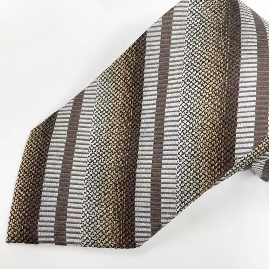 Joseph & Feiss Brown Silver Striped Regimental Repp Silk Tie 3.8" x 59"