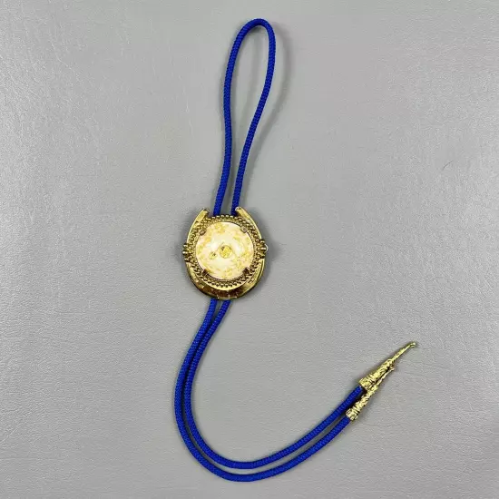 Bolo Necktie Horseshoe Prospector Faux Gold Tips Blue Braided Rope Mens Unisex