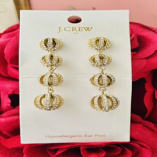 J.Crew Clear Crystal Pave Bauble Ball Drop Gold Chandelier Earrings NWT NEW