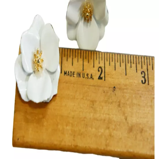 Enameled Magnolia Flower Stud Earrings White & Gold Tone