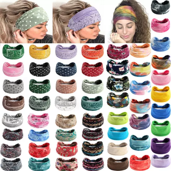 Women Boho Flower Print Wide Headband Vintage Knot Elastic Turban Headwrap *