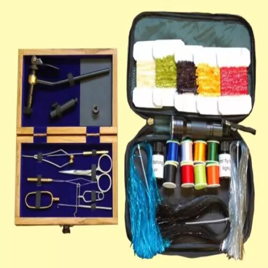 Fly Tying Kit with Tools in a Wooden Box, Materials in a Bag, Vise, Thread