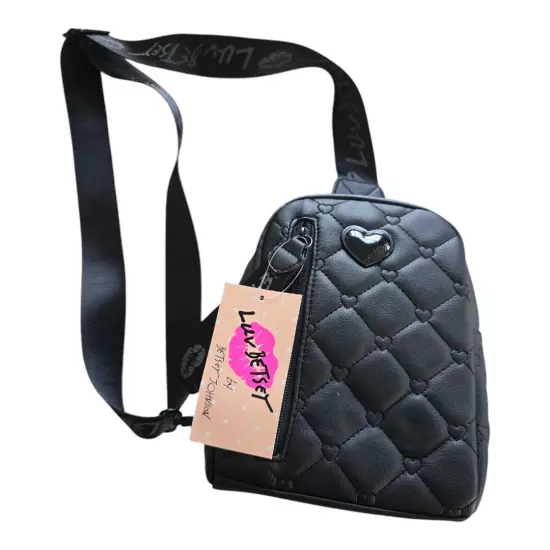  Betsey Johnson Sling Crossbody Bag Womens Black Heart Quilted Logo