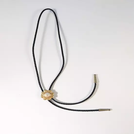 Bolo Tie Black Braided Cord and Faux Pearl Circle Slide Pendant Gold Tone