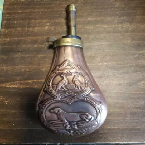 Vintage Black Gun Powder Flask Brass Or Copper Hunting Dog Birds Patina