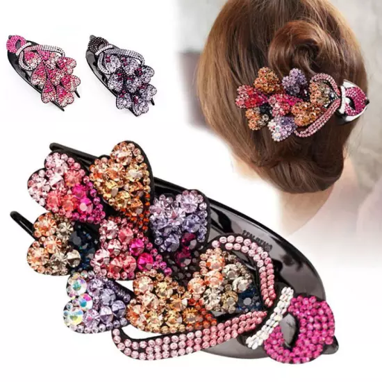 Ladies Rhinestone Double Flower Hair Clip Barrettes Crystal Comb Large Catch 1x-