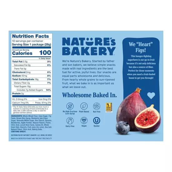 Nature's Bakery Fig Bar Minis, Blueberry, Whole Grain, Vegan, Kosher, Box of 60