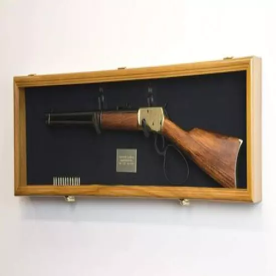 Gun Display Case Cabinet Rifle Oak Black Wood Shotgun Frame USA Shadow Box 44" 