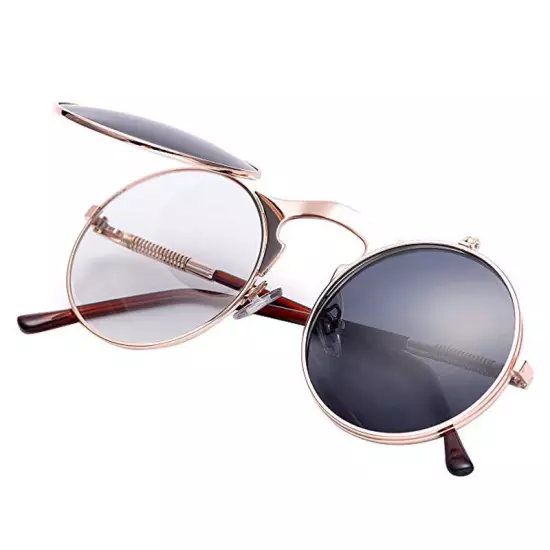 Round Metal Flip Up Sunglasses Retro John Lennon Circle Vintage Unisex Glasses