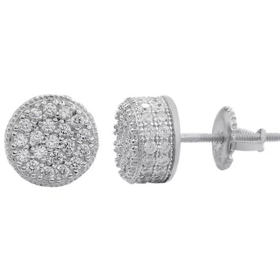 Men's Real Solid 925 Silver 1/3" Round Cluster Earrings Simulated Diamonds Studs