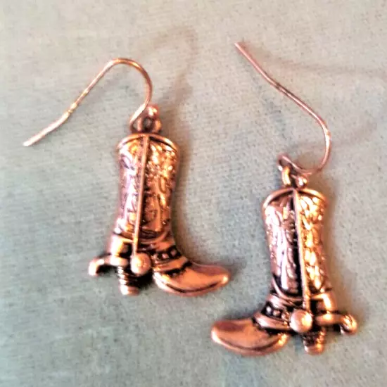 Burnished Copper Boot Spur Scroll Earrings Wire Dangle Southwest Cowboy