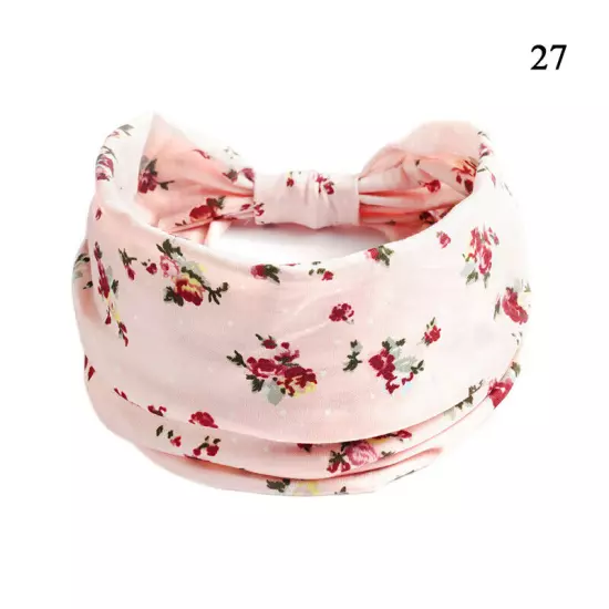 Women Boho Flower Print Wide Headband Vintage Knot Elastic Turban Headwrap *